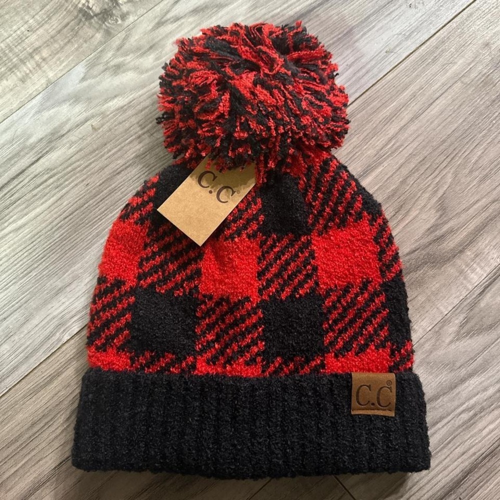New CC Beanie Red/Black Buffalo Super Soft Pom Pom Hat
